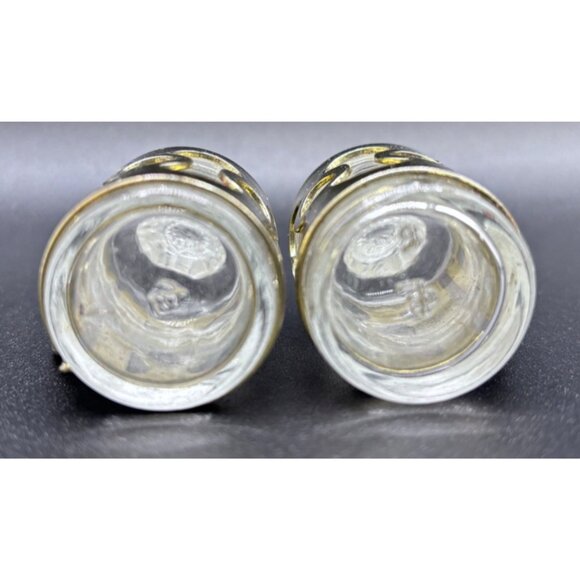 Vintage Glass Salt & Pepper Shakers Brass Colored MCM Design - Picture 3 of 5